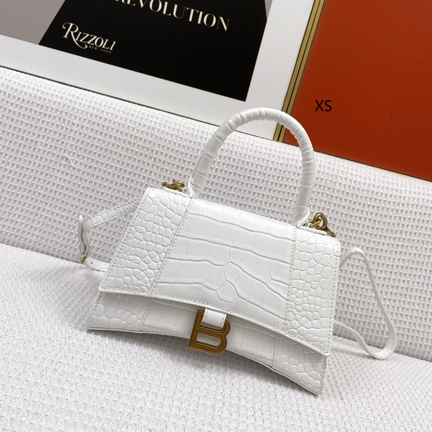 Balenciaga Hourglass Handle Bag Crocodile Embossed White