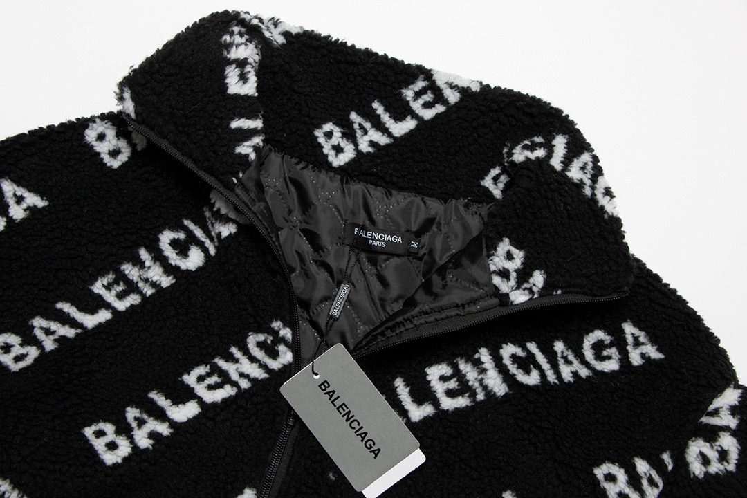Balenciaga Full Logo Black Teddy Lamb Wool Zipper Jacket