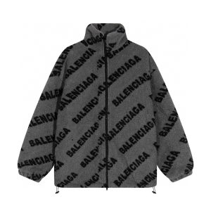 Balenciaga Full Logo Grey Teddy Lamb Wool Zipper Jacket