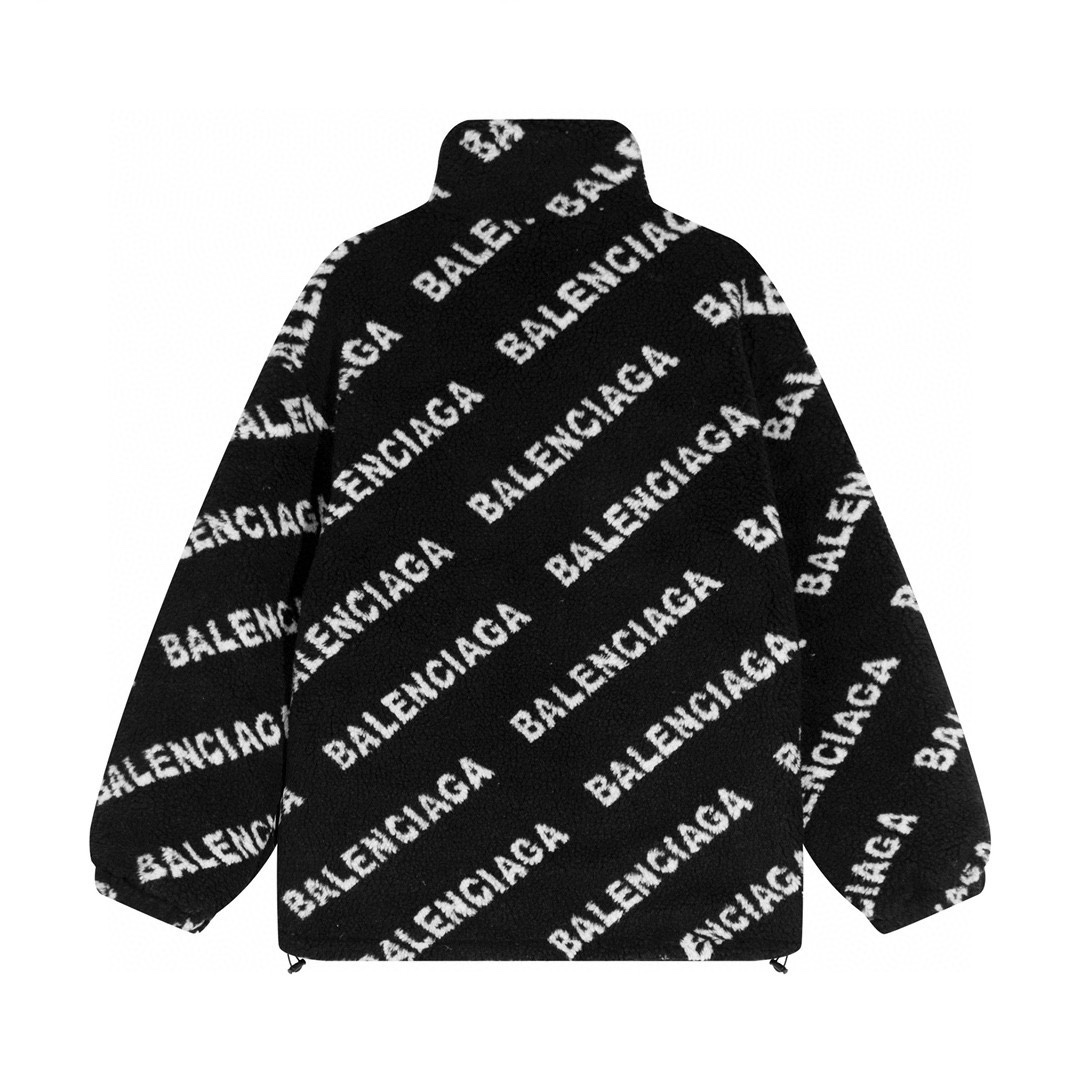 Balenciaga Full Logo Black Teddy Lamb Wool Zipper Jacket