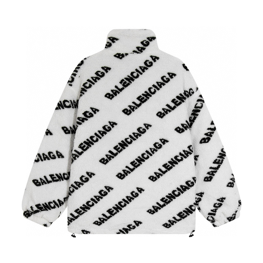 Balenciaga Full Logo White Teddy Lamb Wool Zipper Jacket