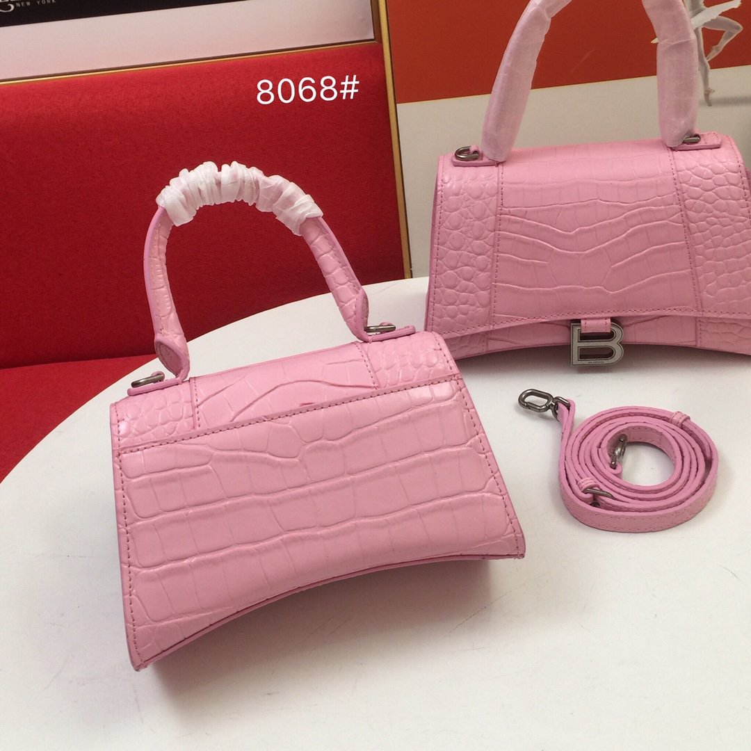 Balenciaga Hourglass Top Handle Bag Small Crocodile Embossed Light Pink