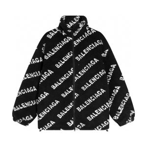 Balenciaga Full Logo Black Teddy Lamb Wool Zipper Jacket