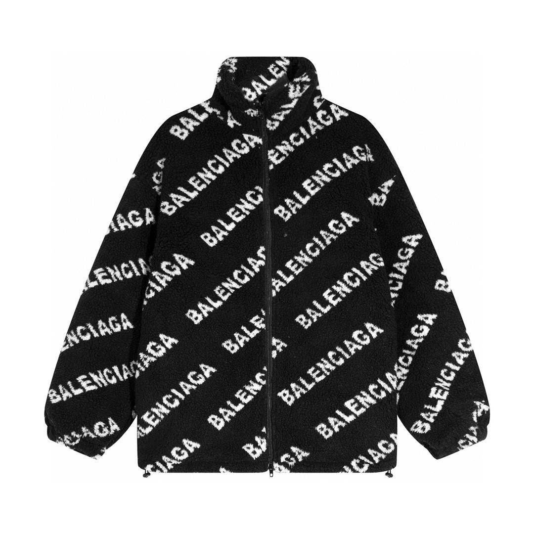 Balenciaga Full Logo Black Teddy Lamb Wool Zipper Jacket