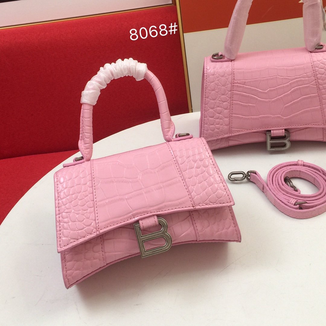 Balenciaga Hourglass Top Handle Bag Small Crocodile Embossed Light Pink