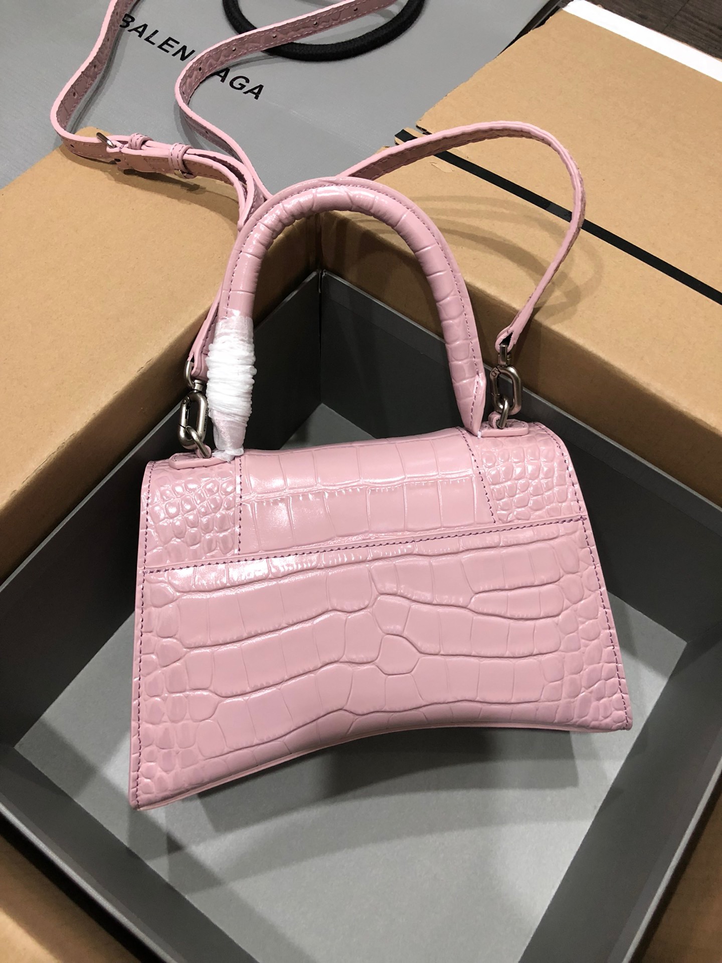 Balenciaga Hourglass Top Handle Bag Small Crocodile Embossed Light Pink