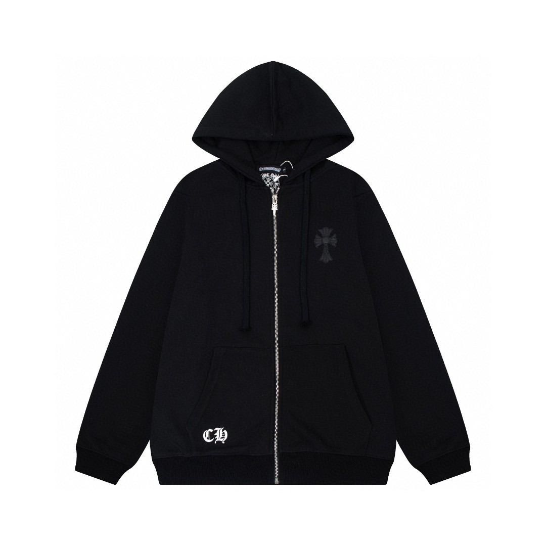 Chrome Hearts Classic Horseshoe Logo Cross Appliquéd Leather Letterman Long Sleeve Jacket Black