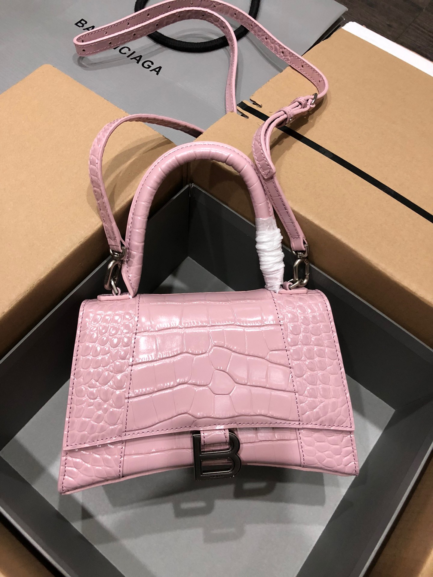 Balenciaga Hourglass Top Handle Bag Small Crocodile Embossed Light Pink