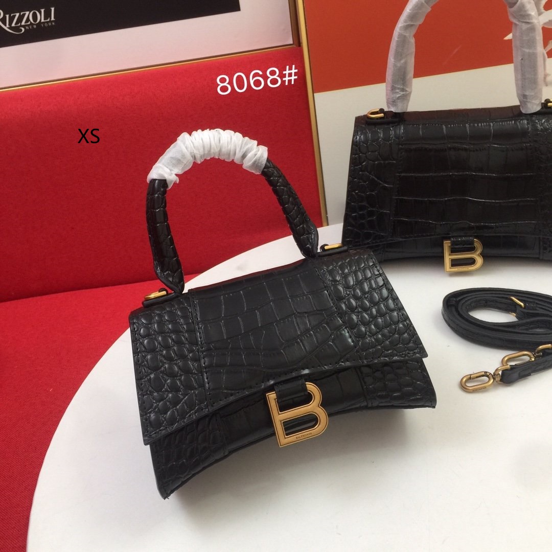 Balenciaga Hourglass Handle Bag Crocodile Embossed Black