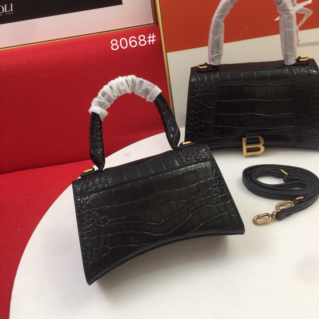 Balenciaga Hourglass Handle Bag Crocodile Embossed Black