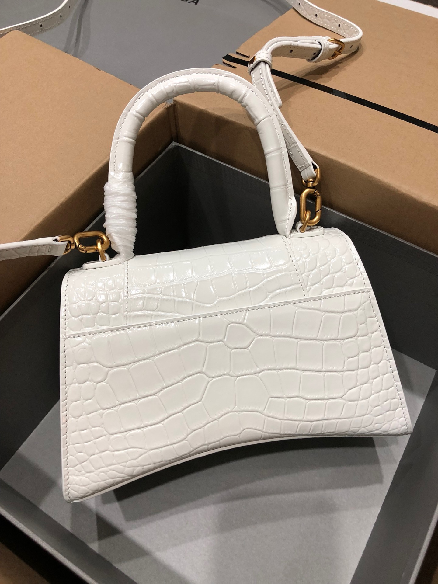 Balenciaga Hourglass Handle Bag Crocodile Embossed White