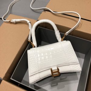 Balenciaga Hourglass Handle Bag Crocodile Embossed White