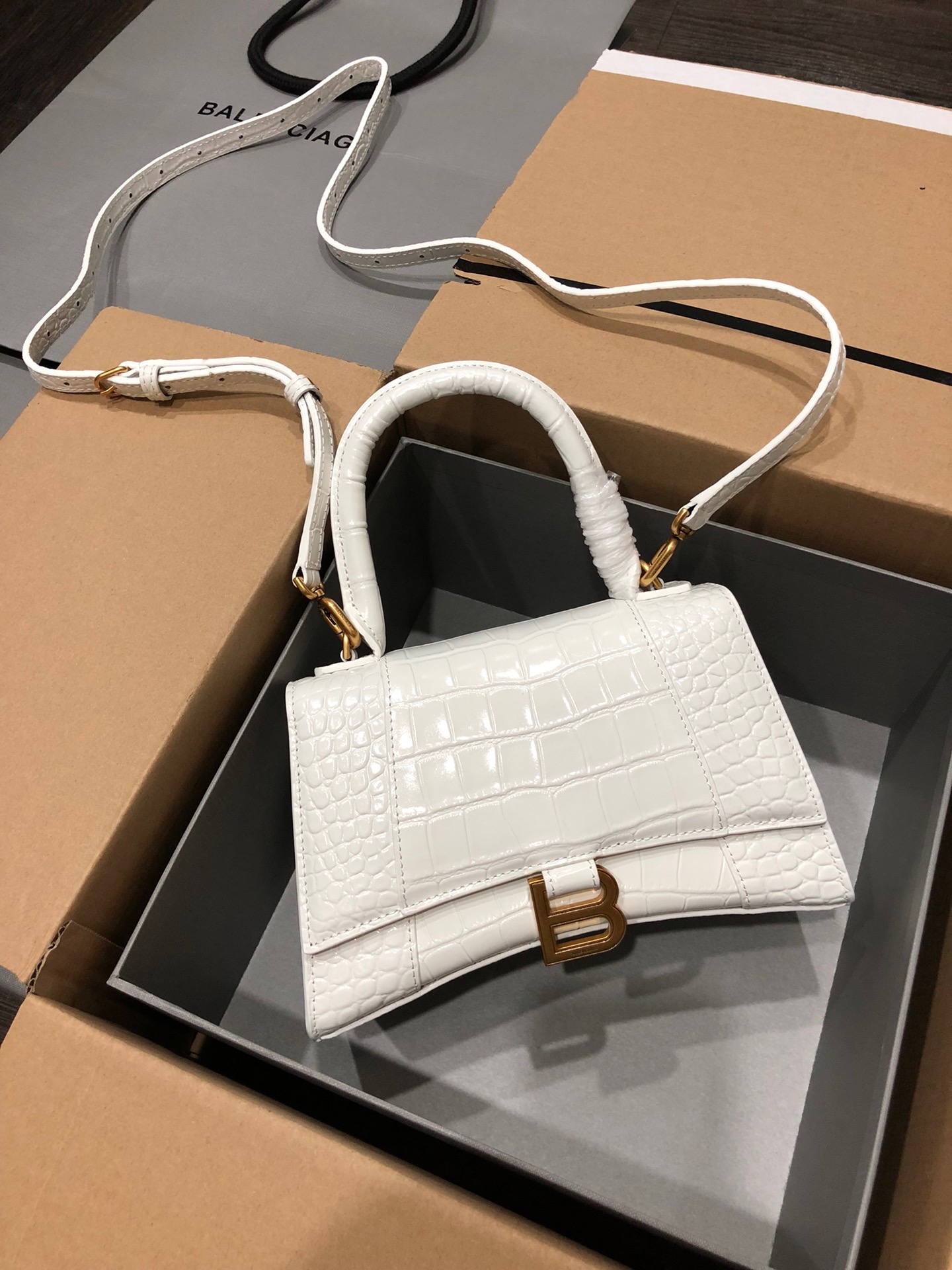 Balenciaga Hourglass Handle Bag Crocodile Embossed White