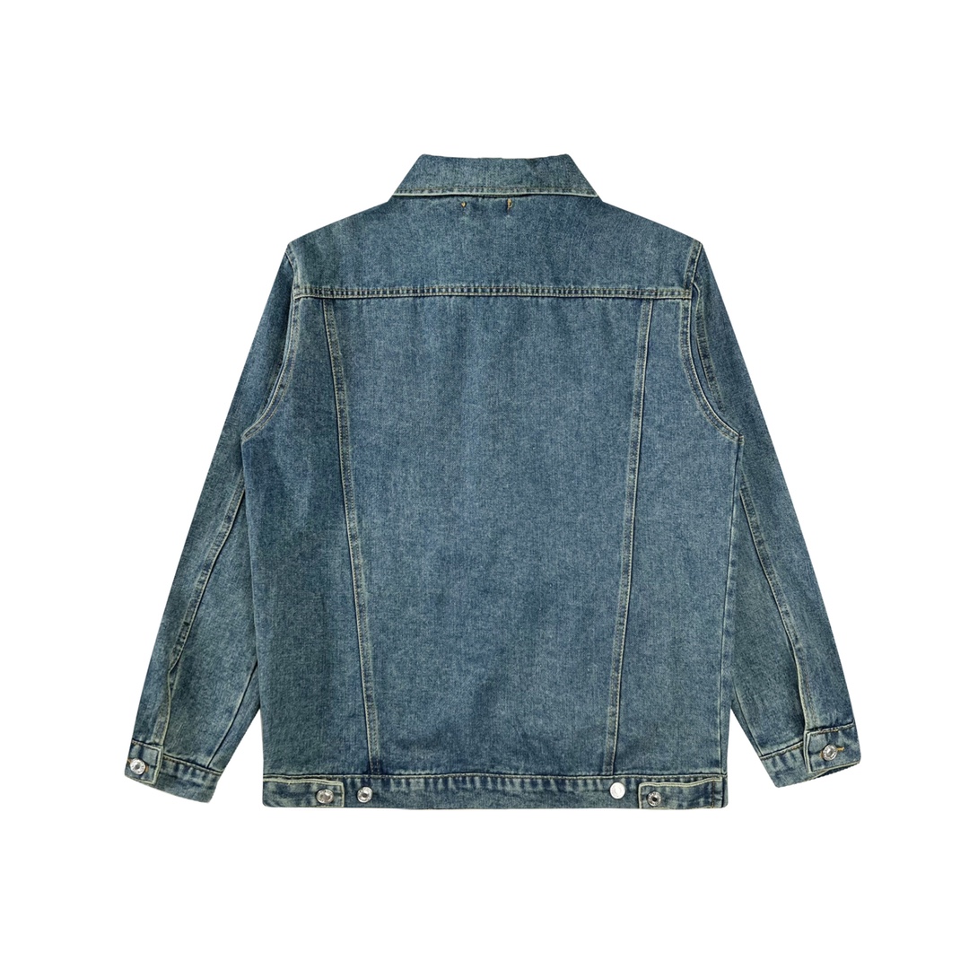 Balenciaga red monogrammed embroidered logo washed black washed blue denim jacket