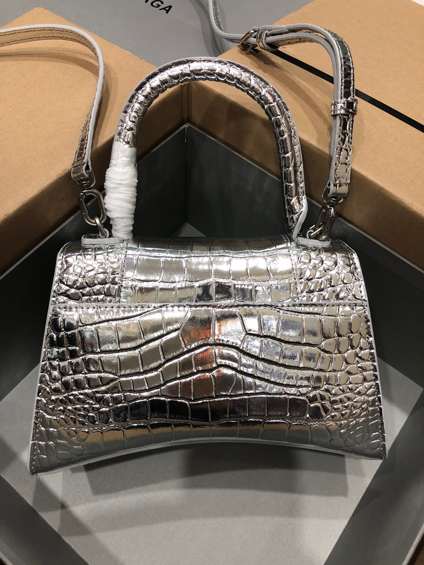 Balenciaga Hourglass Handle Bag Crocodile Embossed silver