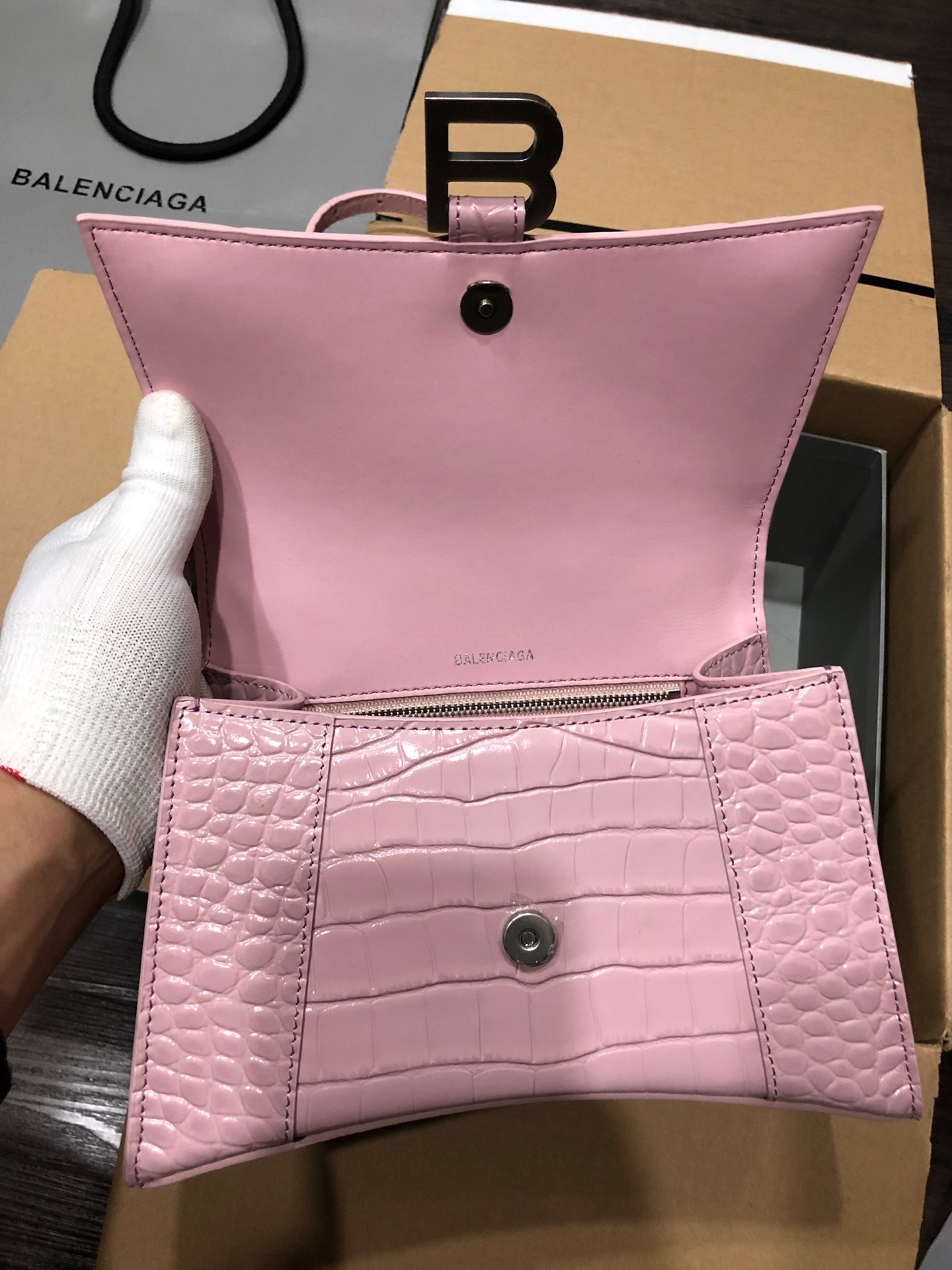 Balenciaga Hourglass Top Handle Bag Small Crocodile Embossed Light Pink