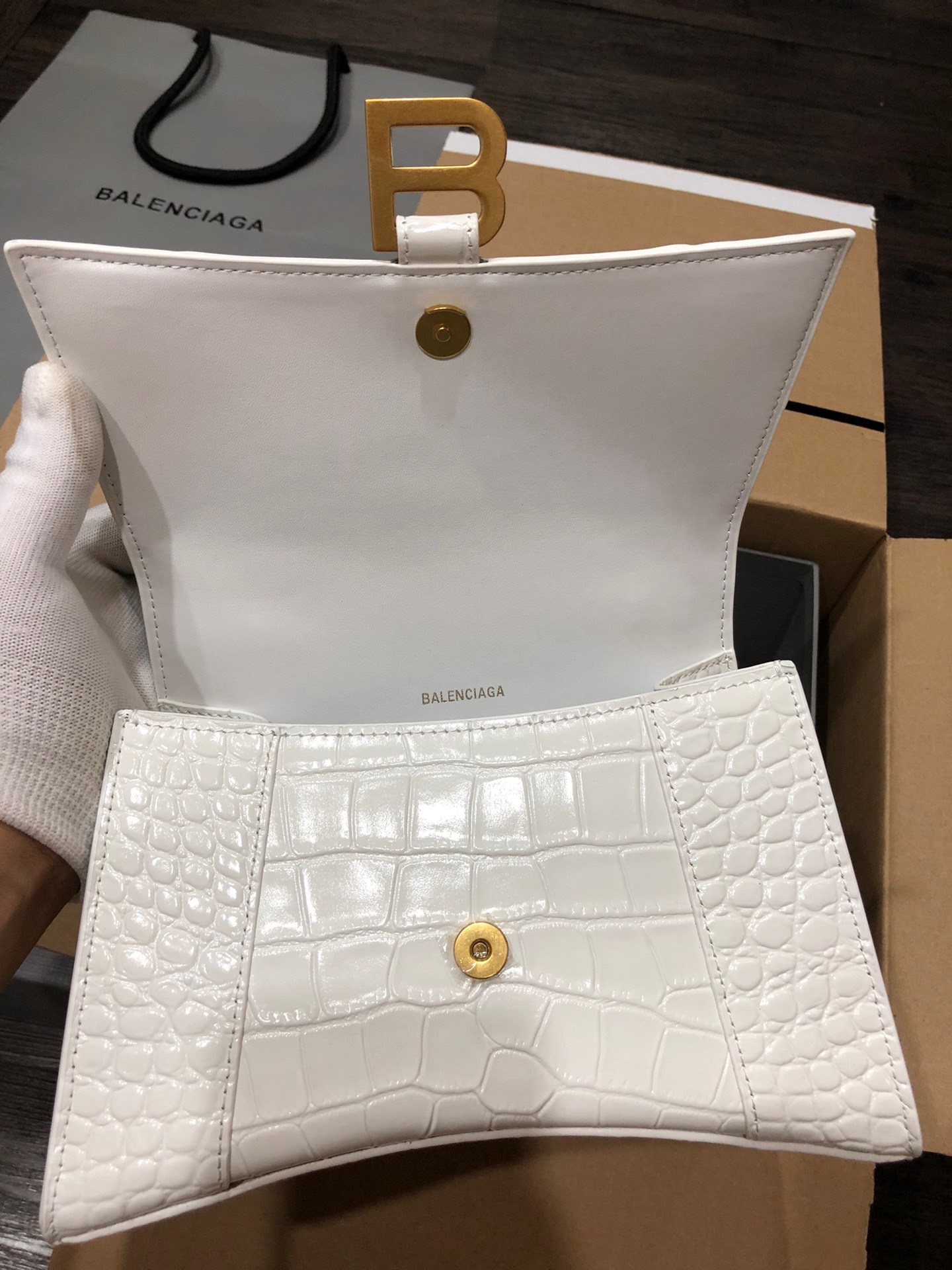 Balenciaga Hourglass Handle Bag Crocodile Embossed White