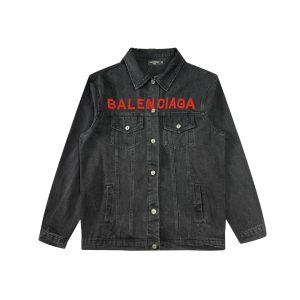 Balenciaga red monogrammed embroidered logo washed black washed blue denim jacket