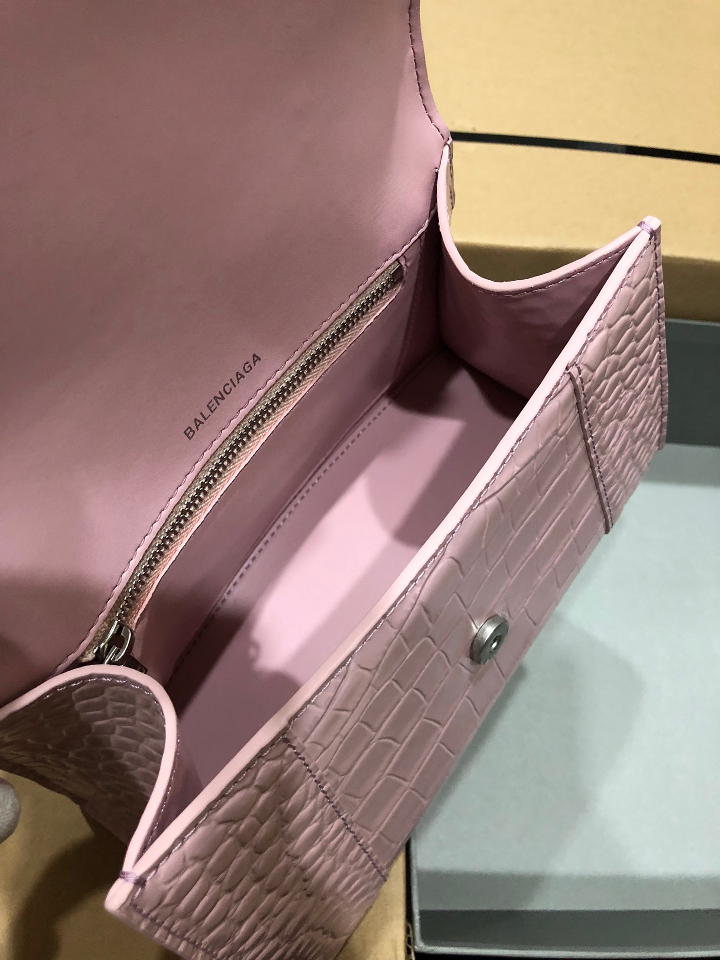 Balenciaga Hourglass Top Handle Bag Small Crocodile Embossed Light Pink