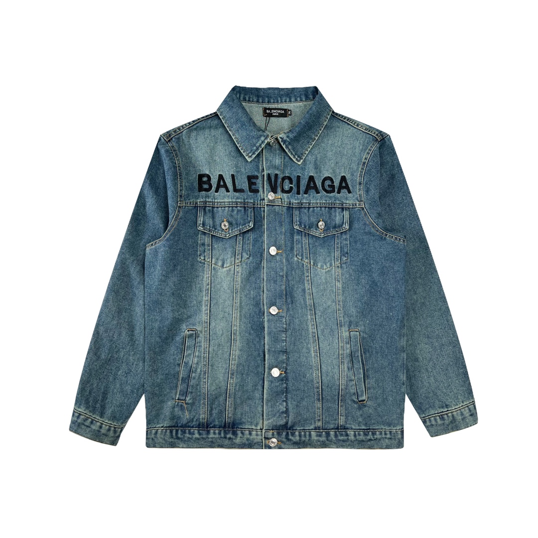 Balenciaga red monogrammed embroidered logo washed black washed blue denim jacket