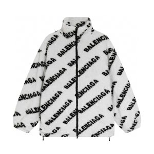 Balenciaga Full Logo White Teddy Lamb Wool Zipper Jacket