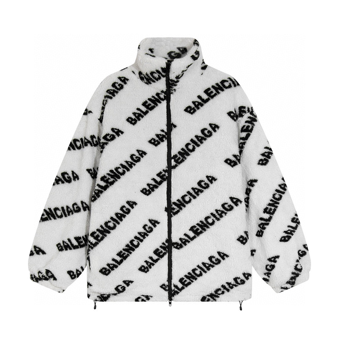 Balenciaga Full Logo White Teddy Lamb Wool Zipper Jacket