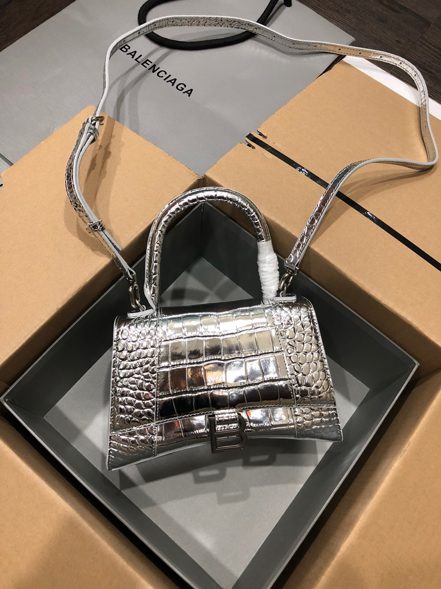 Balenciaga Hourglass Handle Bag Crocodile Embossed silver