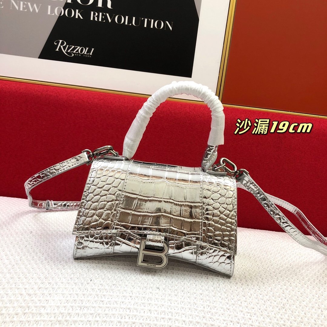 Balenciaga Hourglass Handle Bag Crocodile Embossed silver