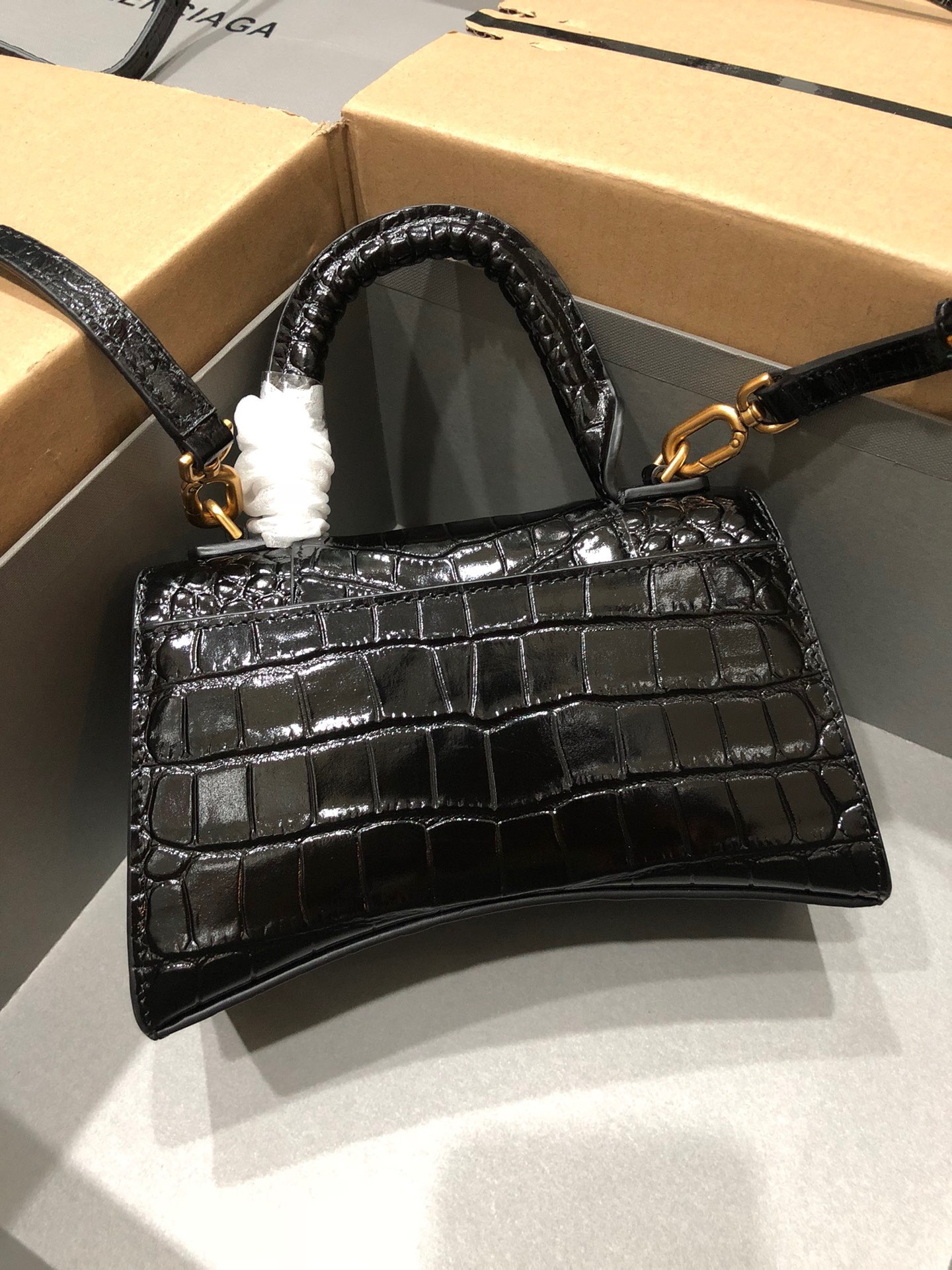 Balenciaga Hourglass Handle Bag Crocodile Embossed Black
