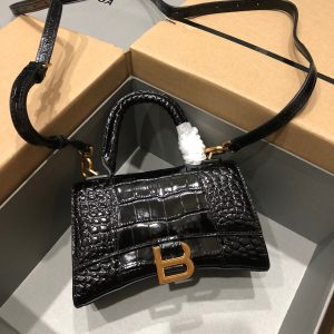 Balenciaga Hourglass Handle Bag Crocodile Embossed Black