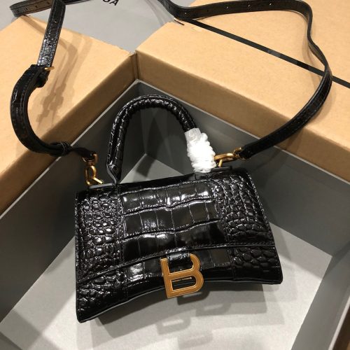 Balenciaga Hourglass Handle Bag Crocodile Embossed Black