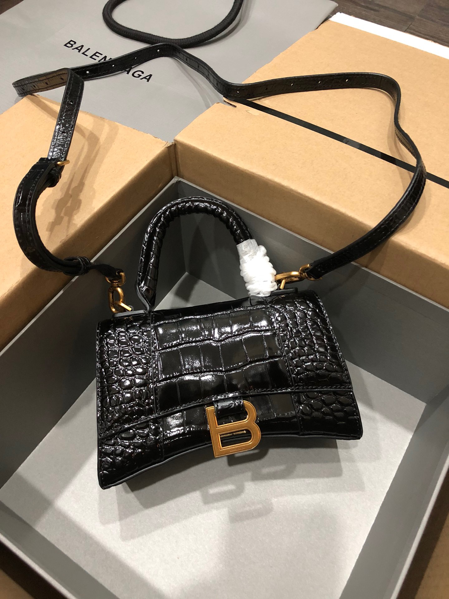 Balenciaga Hourglass Handle Bag Crocodile Embossed Black