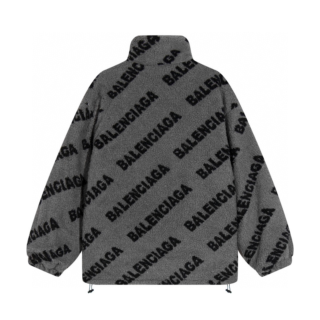 Balenciaga Full Logo Grey Teddy Lamb Wool Zipper Jacket