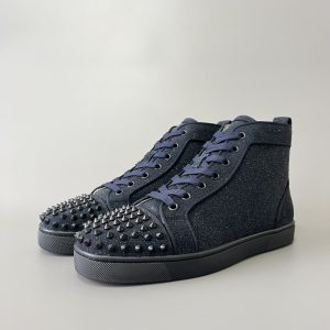 Christian Louboutin Louis Spiked Glitter Suede Trimmed Leather High-Top Sneakers Blue 45666037504672059