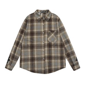 Chrome Hearts Cross Plaid Shirt Spring Autumn Long Sleeve Brown